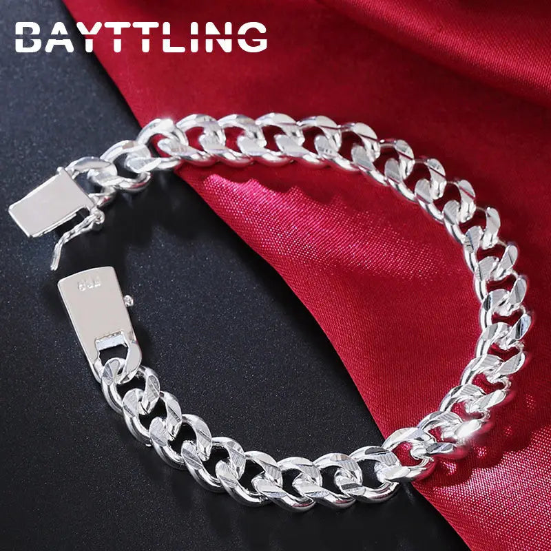 Pulsera BAYTTLING de plata de ley 925, 10 mm, cadena cubana de 8 pulgadas, para hombre y mujer, joyería de moda para fiestas y compromisos.