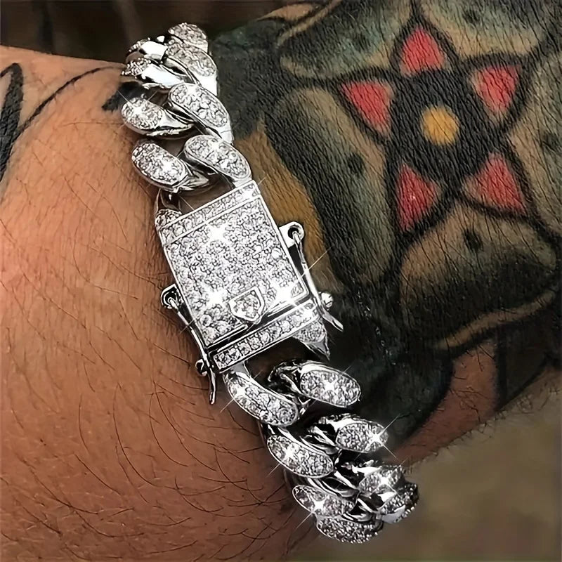 Pulsera de lujo con cadena cubana y diamantes de imitación para hombre, joyería hip-hop con cristales engastados, pulsera brillante de acero inoxidable, regalo