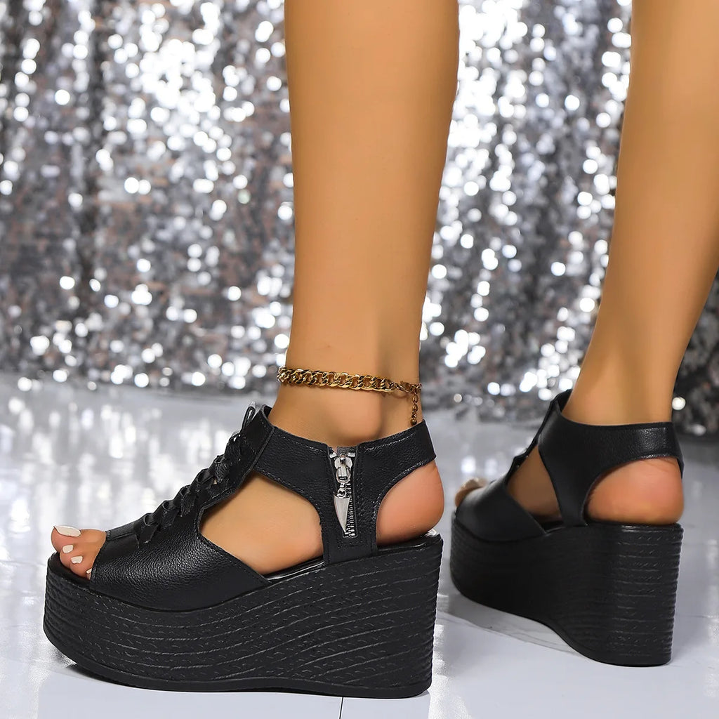 Sandalias de cuña con plataforma para mujer, nuevas, sexys, de color liso, tacón alto, punta abierta, cremallera lateral, antideslizantes, para caminar. Zapatos de diseñador.