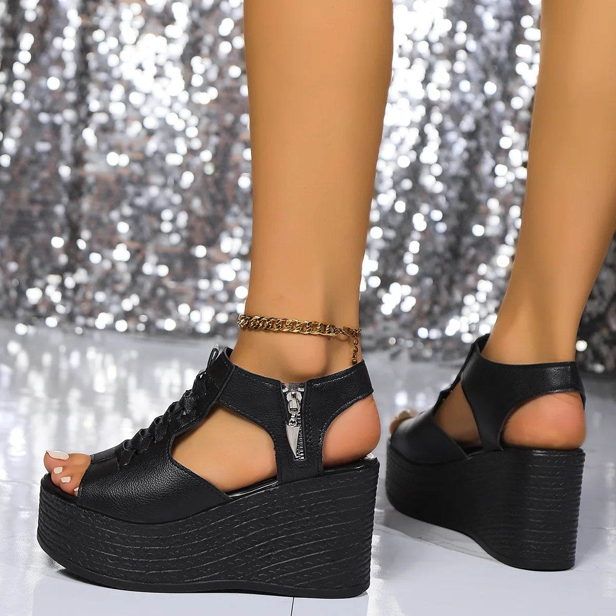 Sandalias de cuña con plataforma para mujer, nuevas, sexys, de color liso, tacón alto, punta abierta, cremallera lateral, antideslizantes, para caminar. Zapatos de diseñador.