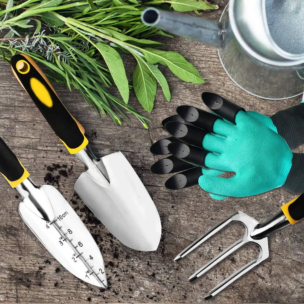 Juego de herramientas de jardinería de 4 piezas con paleta, rastrillo cultivador, paleta de trasplante y guantes de jardinería para desherbar y aflojar la tierra.