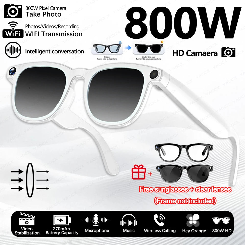 Gafas inteligentes con cámara de píxeles de 800 W, foto y vídeo, gafas de sol con IA, traducción de conversaciones, reuniones de oficina, música y reconocimiento de IA.