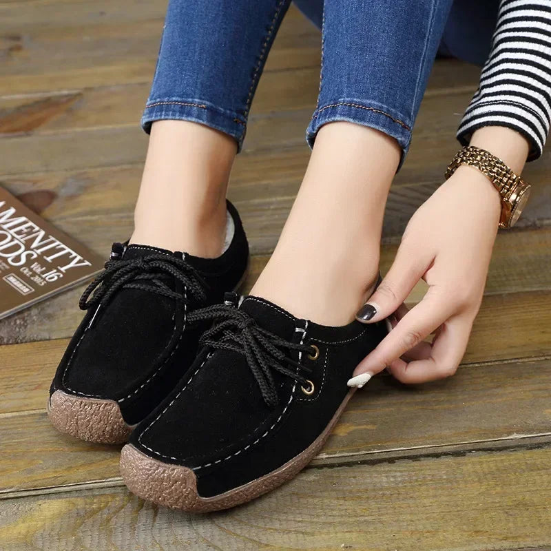 Zapatos casuales de mujer de nueva colección 2025: bailarinas de ante y piel, mocasines con cordones, zapatos de moda para mujer, tallas grandes 35-42.