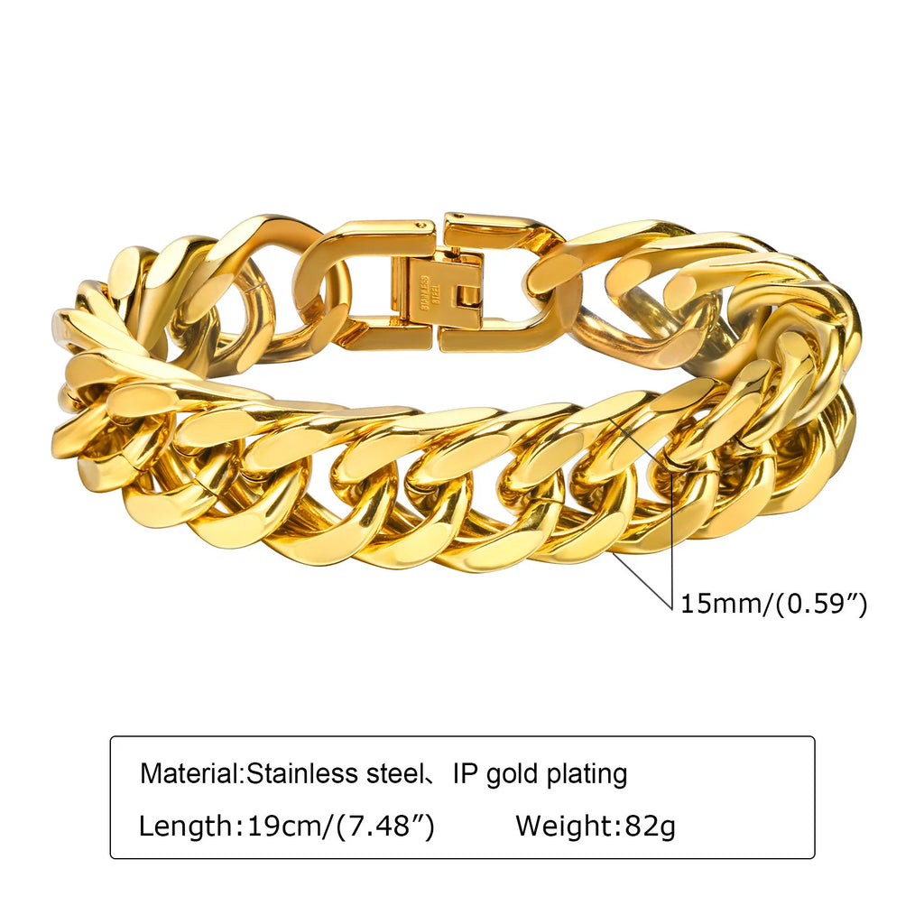 Pulsera de cadena cubana gruesa para hombre, acero inoxidable, oro, plata, negro, estilo retro, eslabones Miami, regalo, 8/10/12/15 mm de ancho