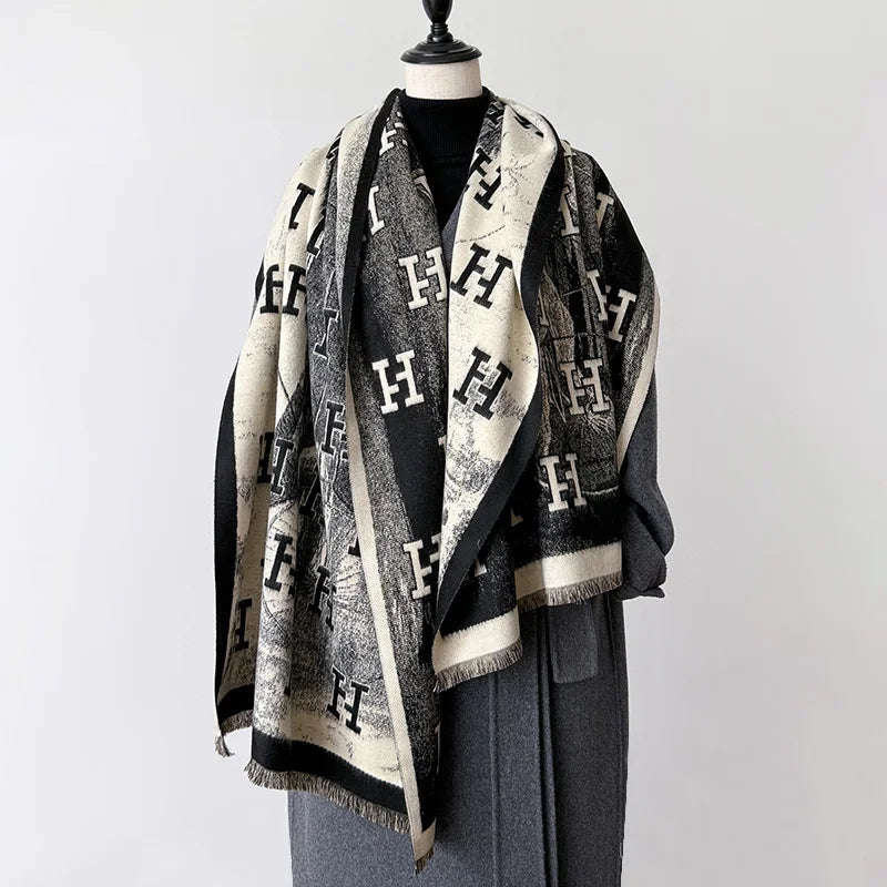 Bufanda de mujer nueva de la marca 2025 con letras, de lujo, para otoño e invierno, cálida, con estampado, tipo pashmina. Bufanda tipo foulard.