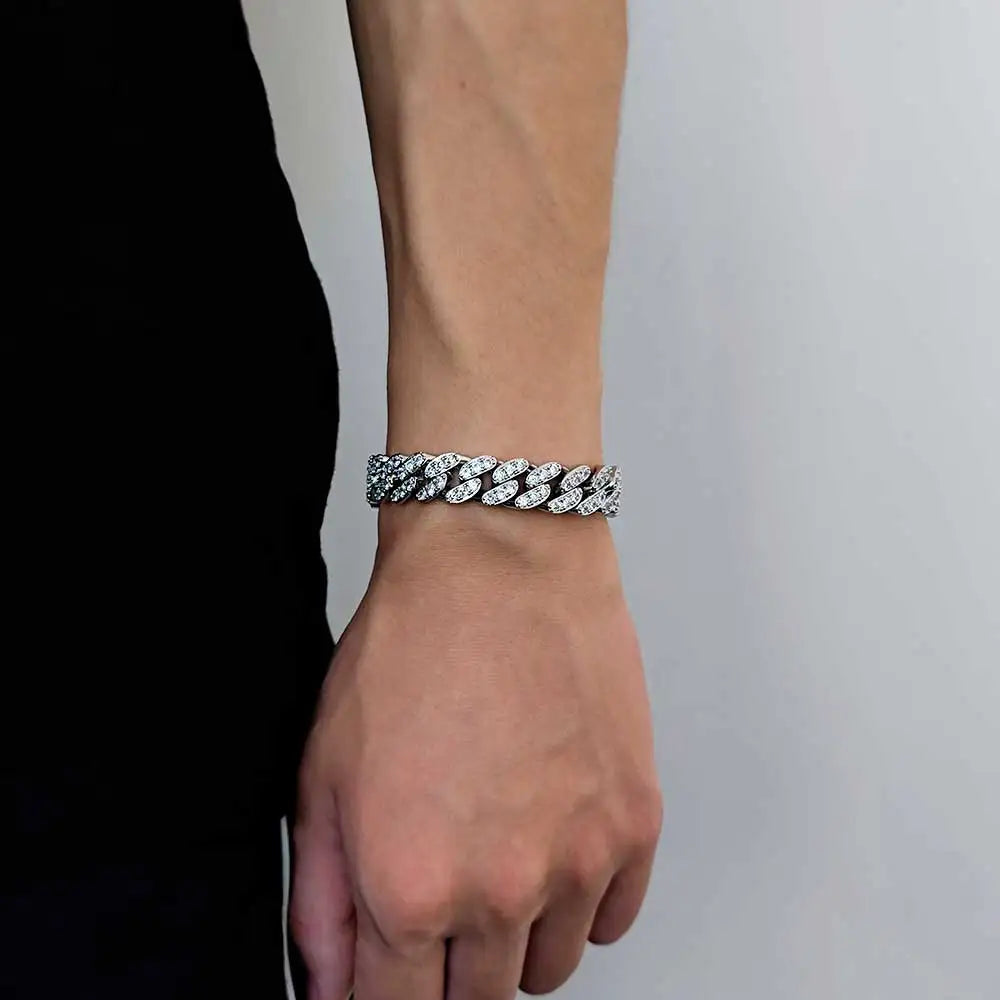 Pulsera cubana de eslabones con circonitas cúbicas de lujo, dos filas de circonitas y cobre, estilo Miami Cuban Bracelet, con incrustaciones de circonitas, estilo hip hop, para hombres y mujeres.