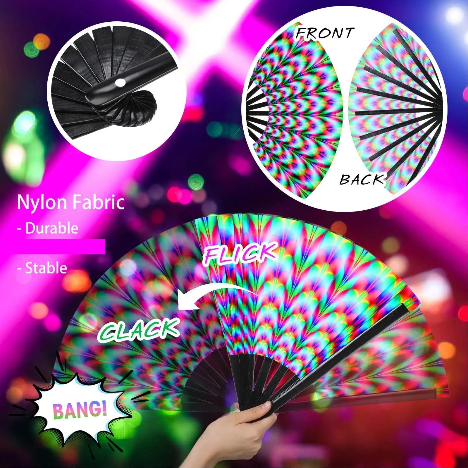 Abanico Rave para Festivales, Abanicos de Mano, Abanico Kung Fu Plegable, Abanico Phantom Clack Grande, Abanicos Plegables, Abanicos de Mano Artesanales para Fiestas y Baile en Línea