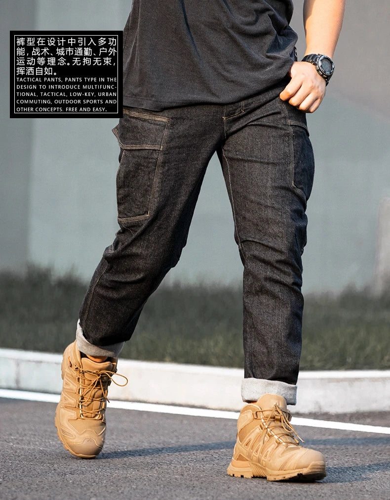 Pantalones vaqueros tácticos para hombre, estilo militar, de mezclilla, cargo, con múltiples bolsillos, elásticos, informales, para trabajo, entrenamiento y senderismo al aire libre.