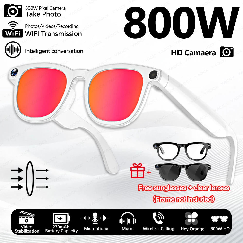 Gafas inteligentes con cámara de píxeles de 800 W, foto y vídeo, gafas de sol con IA, traducción de conversaciones, reuniones de oficina, música y reconocimiento de IA.
