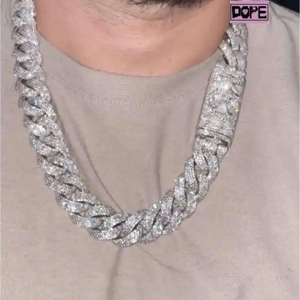 Cadena cubana de plata de 18 mm para hombre, chapada en oro blanco, S925 D VVS Moissanite.