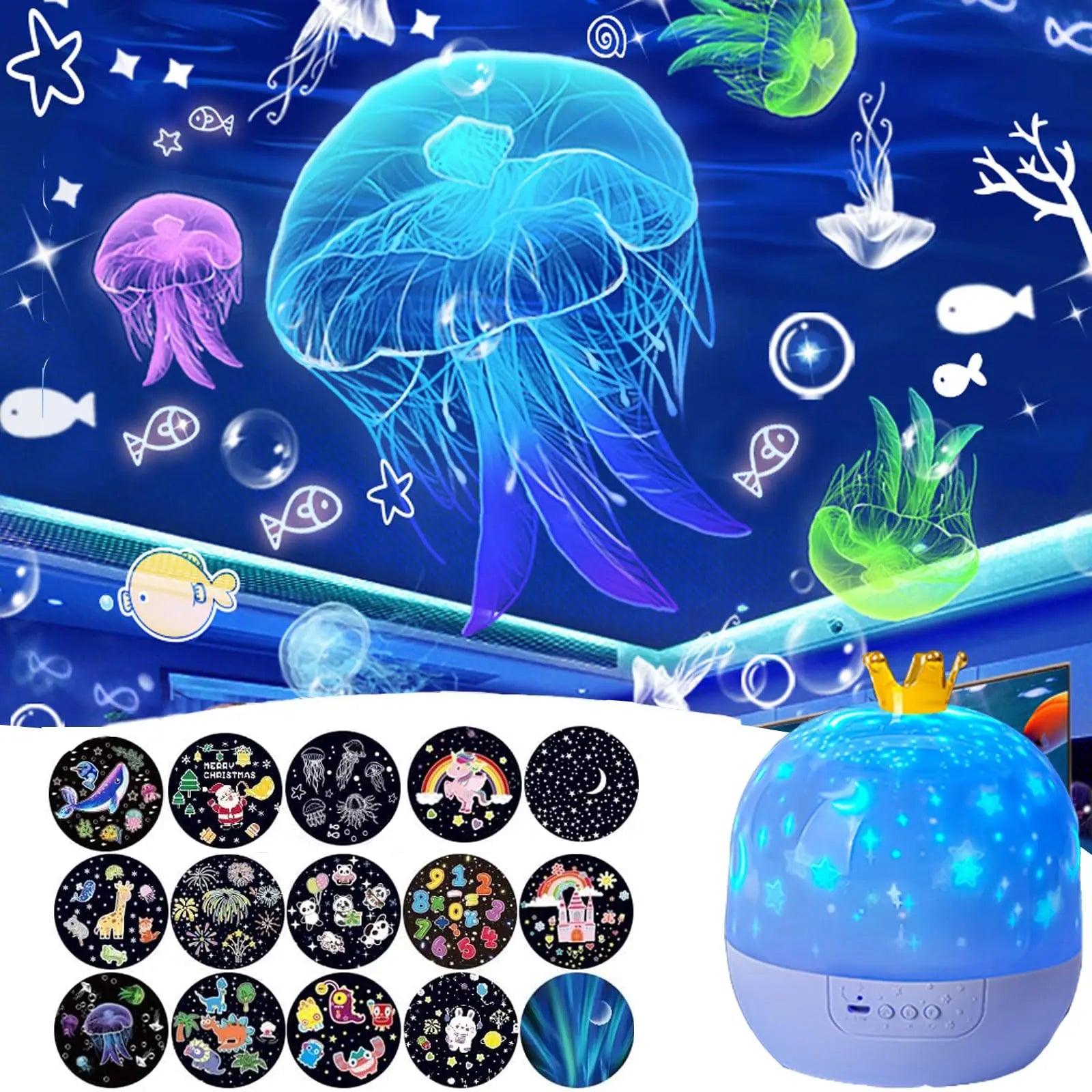 Proyector creativo de fantasía con rotación de 360°, 15 tipos de diapositivas.