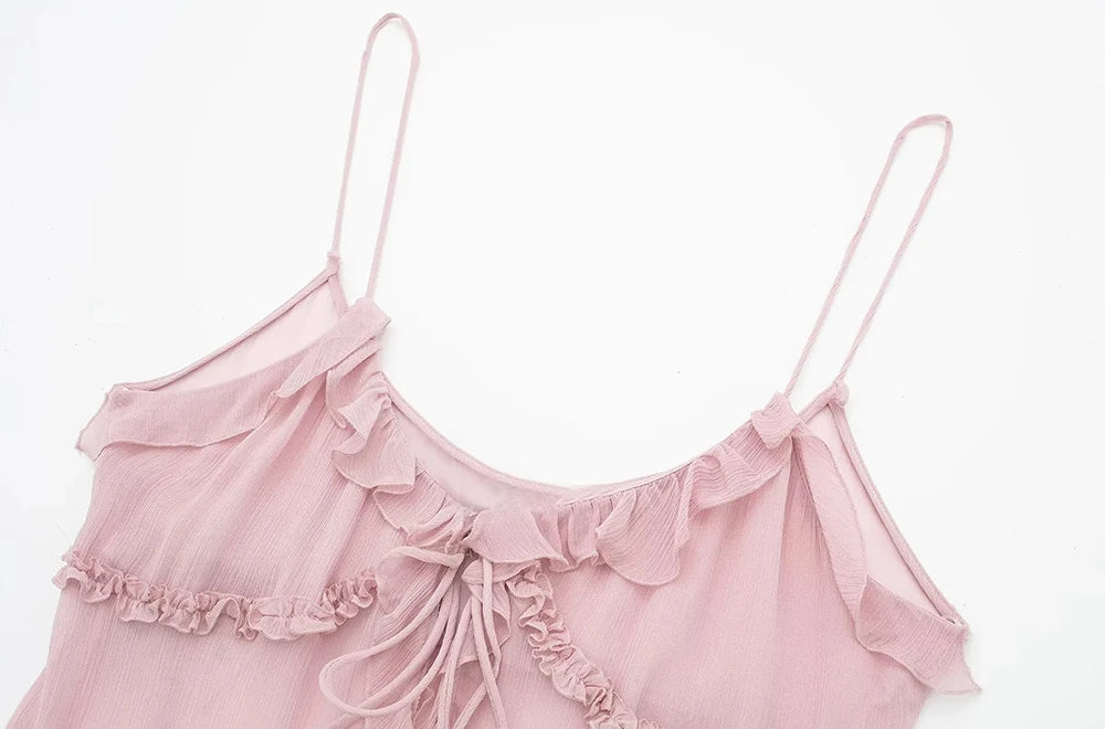 Moda femenina con tops semitransparentes con volantes en la parte delantera y tirantes finos sin espalda, sexys, para mujer