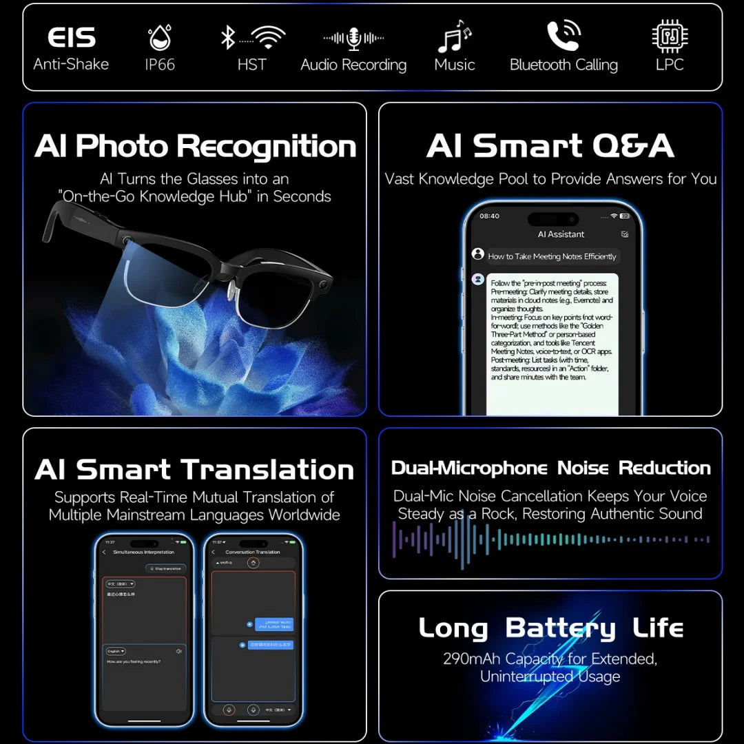 Gafas inteligentes con IA, Bluetooth, 8MP, resistentes al agua (IP66), grabación de video, reconocimiento de fotos y traducción, batería de 290 mAh. Gafas para uso diario.
