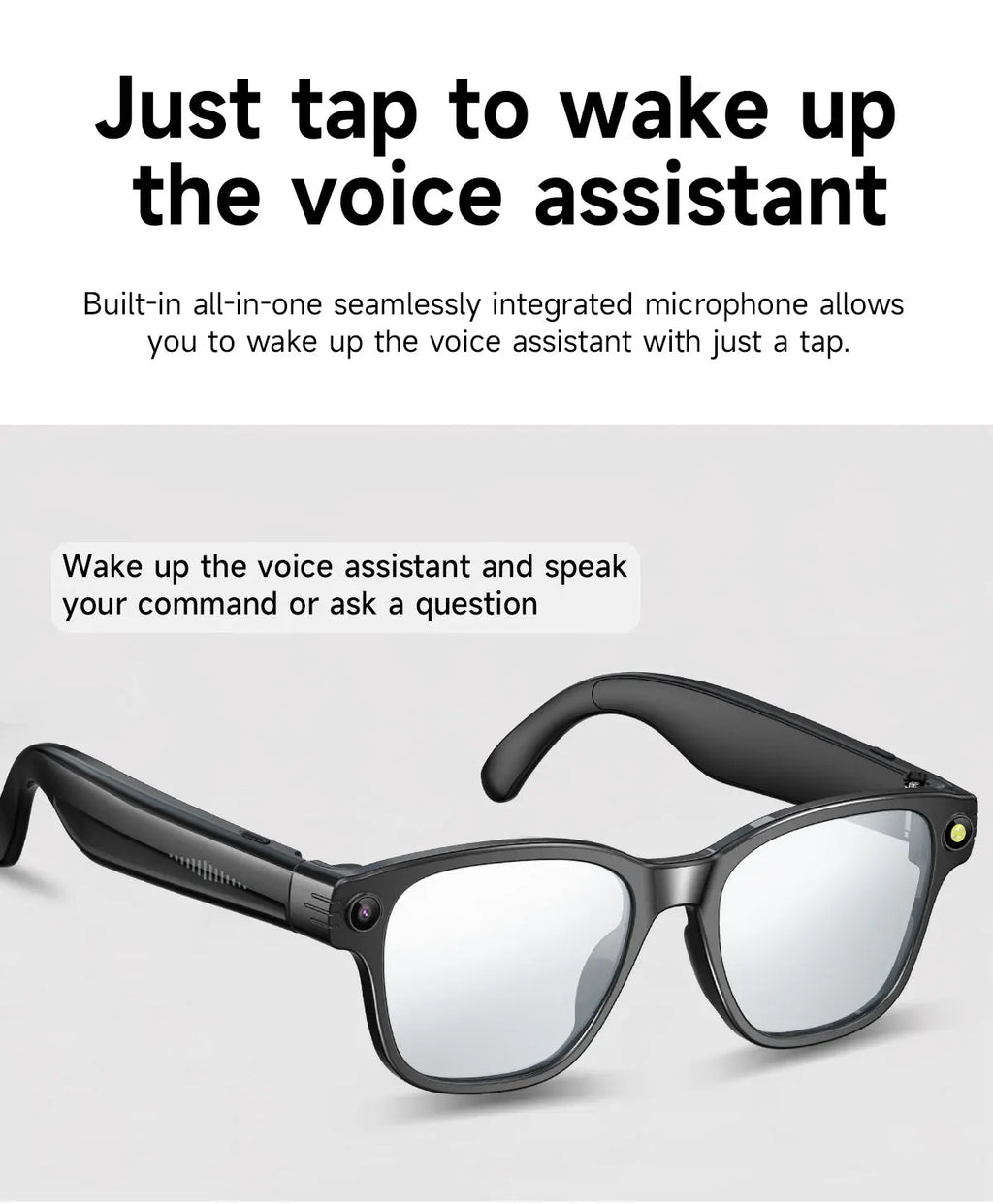 Gafas inteligentes con cámara HD de 8 MP, vídeo HD antivibración de 1200p, asistente de voz inteligente con IA, traducción en tiempo real y reconocimiento de objetos.