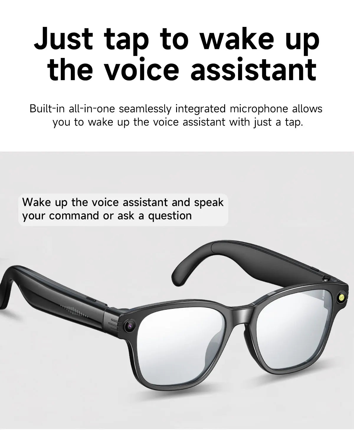 Gafas inteligentes con cámara HD de 8 MP, vídeo HD antivibración de 1200p, asistente de voz inteligente con IA, traducción en tiempo real y reconocimiento de objetos.