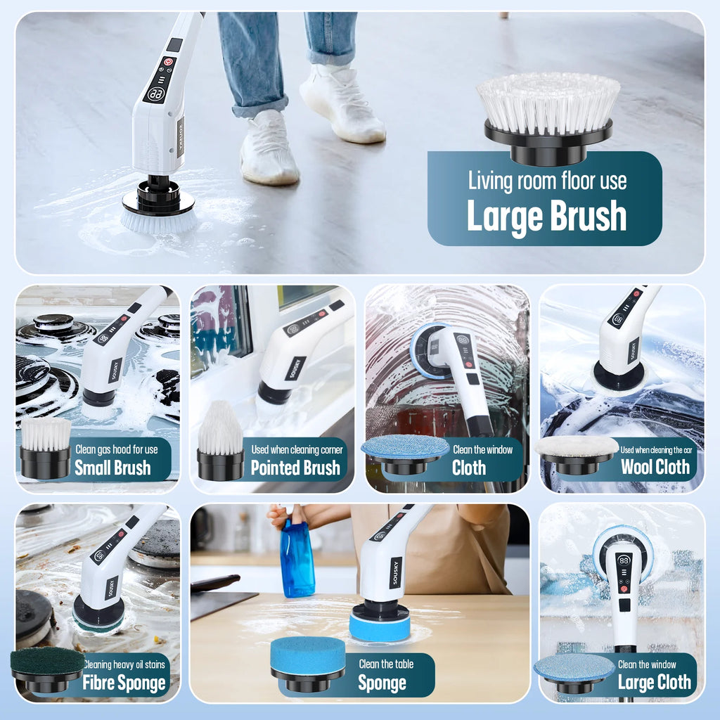 Cepillo de limpieza eléctrico multifuncional 8 en 1, inalámbrico y giratorio para el hogar, ideal para baño, cocina, ventanas y inodoros.