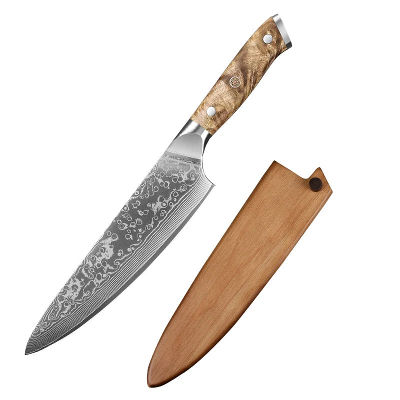 Cuchillo de chef profesional de 8 pulgadas, hecho a mano en acero de Damasco japonés, con mango de madera de raíz natural, ideal para cortar carne y verduras