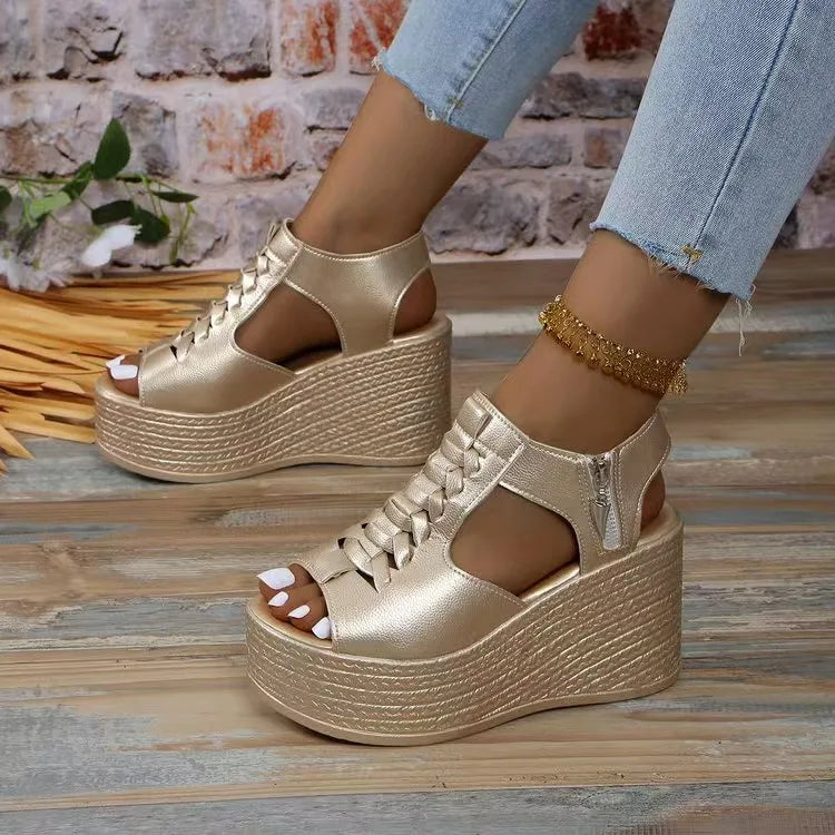 Sandalias de cuña con plataforma para mujer, nuevas, sexys, de color liso, tacón alto, punta abierta, cremallera lateral, antideslizantes, para caminar. Zapatos de diseñador.