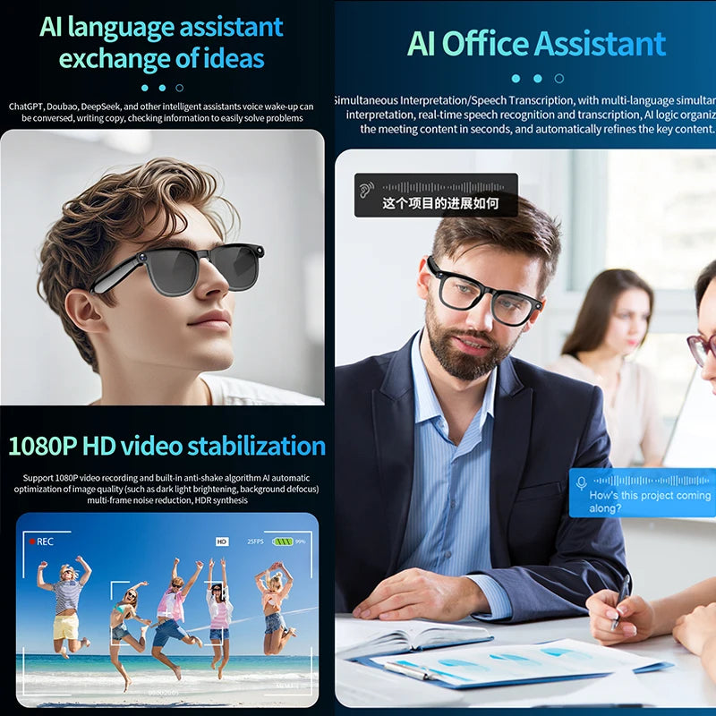 Gafas inteligentes con cámara de píxeles de 800 W, foto y vídeo, gafas de sol con IA, traducción de conversaciones, reuniones de oficina, música y reconocimiento de IA.