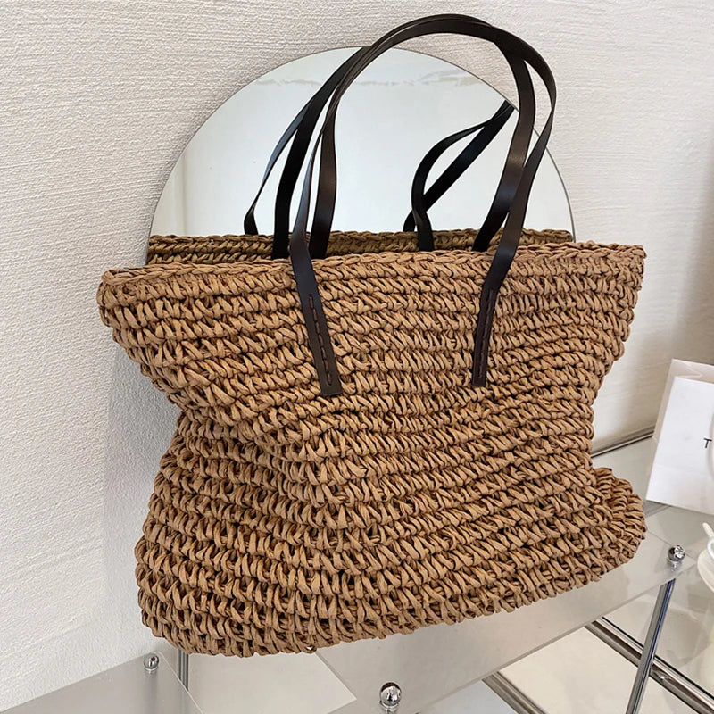 Bolso de mano para mujer, bolso de playa de verano, ratán tejido a mano, paja tejida, gran capacidad, bolsos de mano de cuero para mujer, bolso de hombro bohemio nuevo