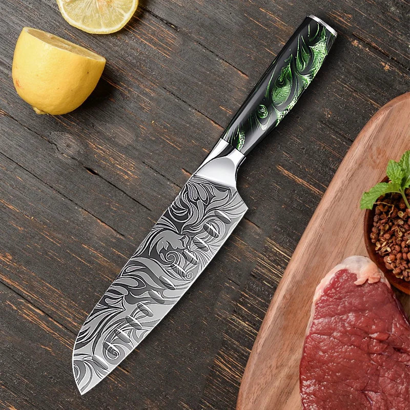 Cuchillo de cocina, cuchillo de chef, cuchillo japonés, cuchillo con patrón de Damasco láser, cuchillo para cortar carne, fruta, pan, verduras, cuchillo deshuesador, cuchillo multiusos para rebanar
