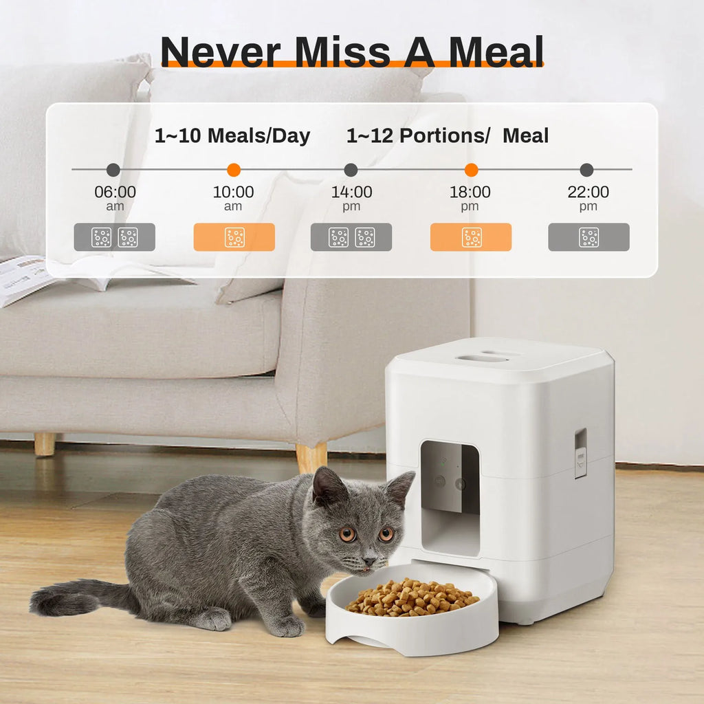 Comedero automático inteligente WiFi de 2 litros para gatos y perros con temporizador y alerta de bajo nivel de comida.