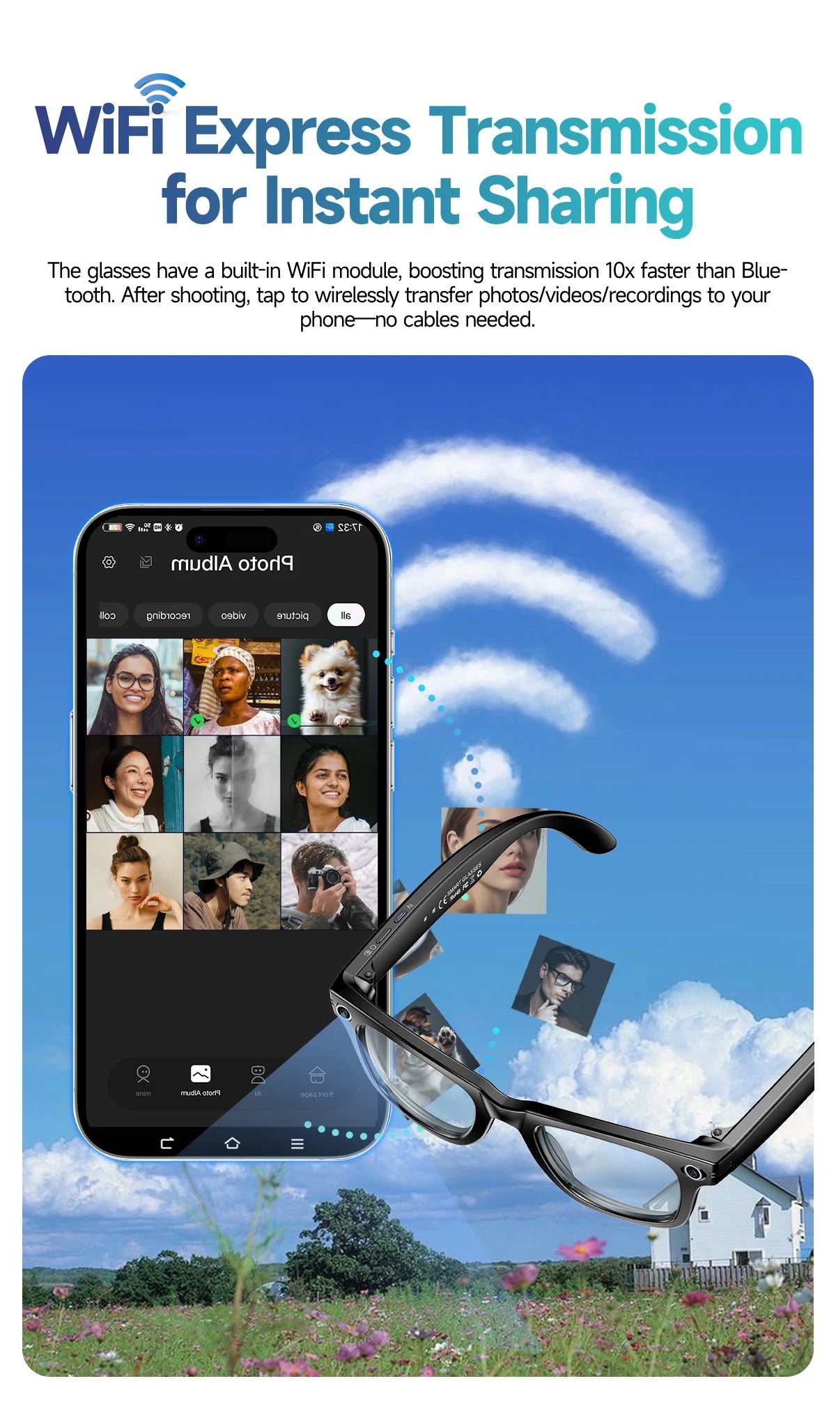Gafas inteligentes con IA 2026 con cámara de 8 MP, grabación de video, traducción a más de 100 idiomas, Bluetooth, llamadas y reproducción de música. Para hombres y mujeres.