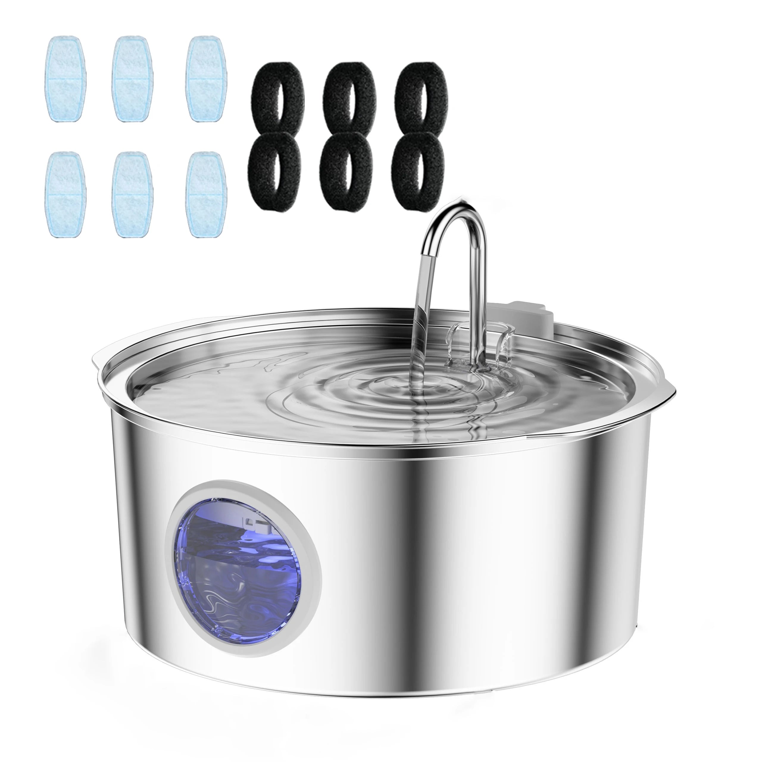 Fuente de agua automática de acero inoxidable de gran capacidad de 7 litros para gatos y perros, bebedero para mascotas, comedero con ventana, silencioso (sin enchufe de 5 V 1 A)
