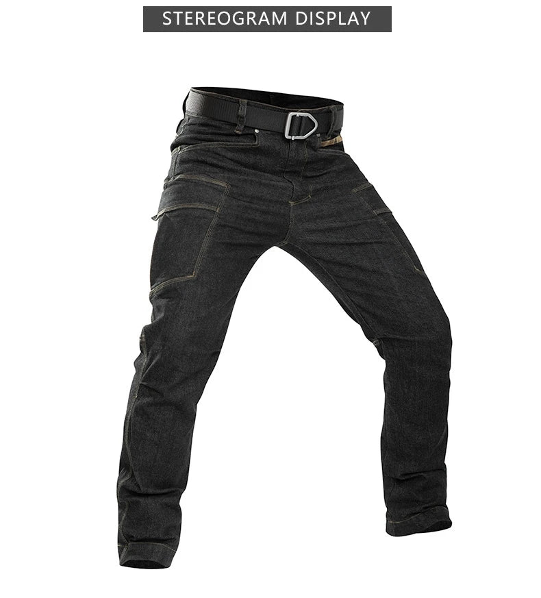 Pantalones vaqueros tácticos para hombre, estilo militar, de mezclilla, cargo, con múltiples bolsillos, elásticos, informales, para trabajo, entrenamiento y senderismo al aire libre.