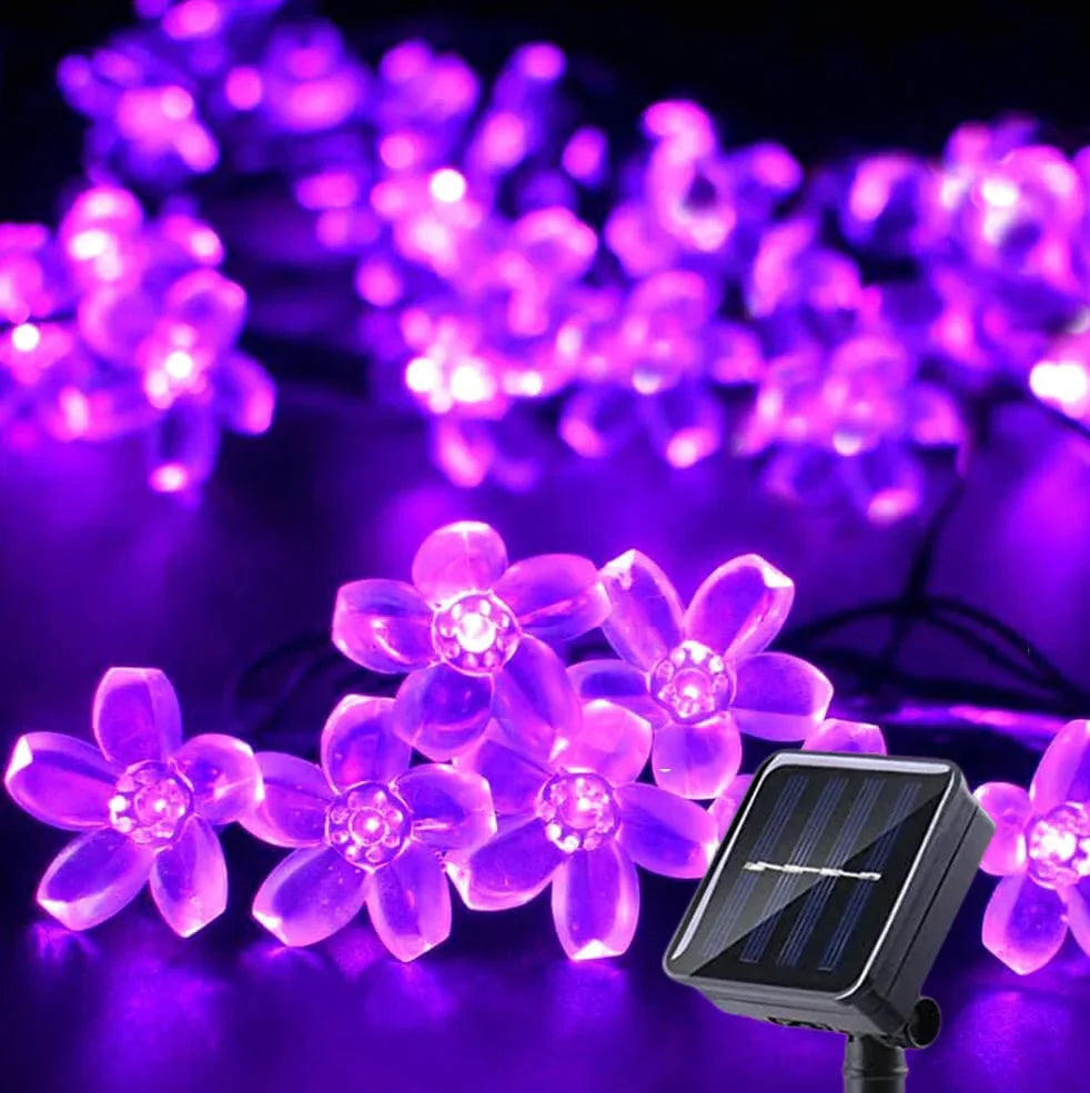 Guirnaldas de luces solares con forma de flores de cerezo para jardín, luces solares impermeables para exteriores, decoración navideña para césped y caminos.