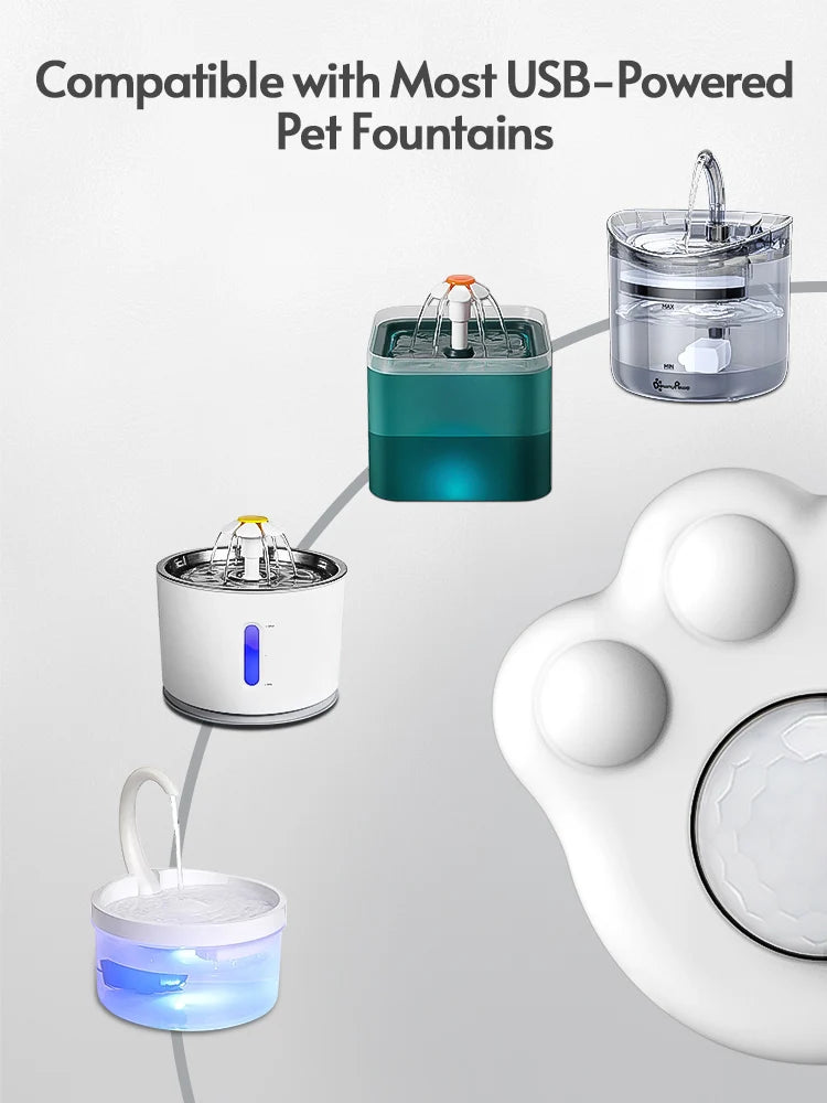 Sensor de fuente de agua para gatos con sensor de movimiento PIR en forma de pata para todos los dispensadores de agua automáticos para mascotas con interfaz USB.