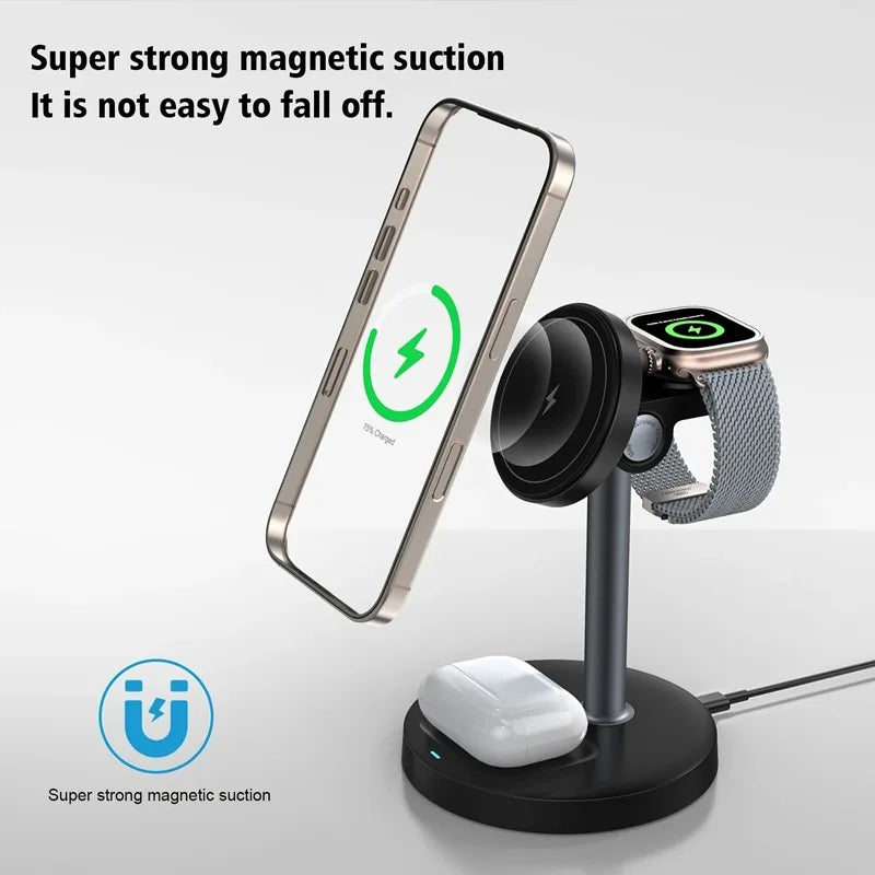 Estación de carga inalámbrica magnética 3 en 1 de 15 W para MagSafe iPhone 17 16 15 14 13 iWatch 10/9/8/7/6 AirPods Pro Cargador rápido de viaje