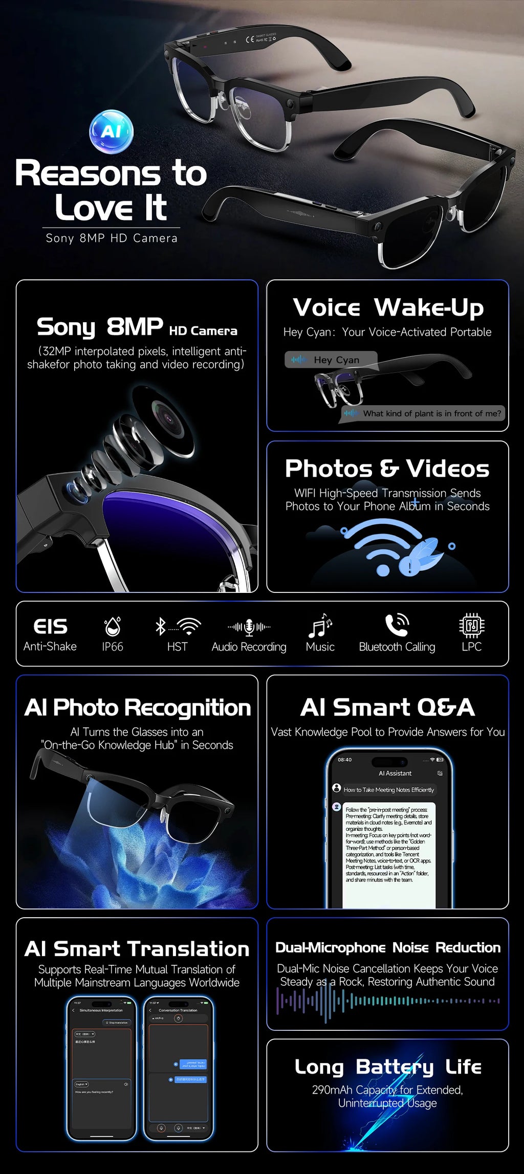 Gafas inteligentes con IA, Bluetooth, 8MP, resistentes al agua (IP66), grabación de video, reconocimiento de fotos y traducción, batería de 290 mAh. Gafas para uso diario.