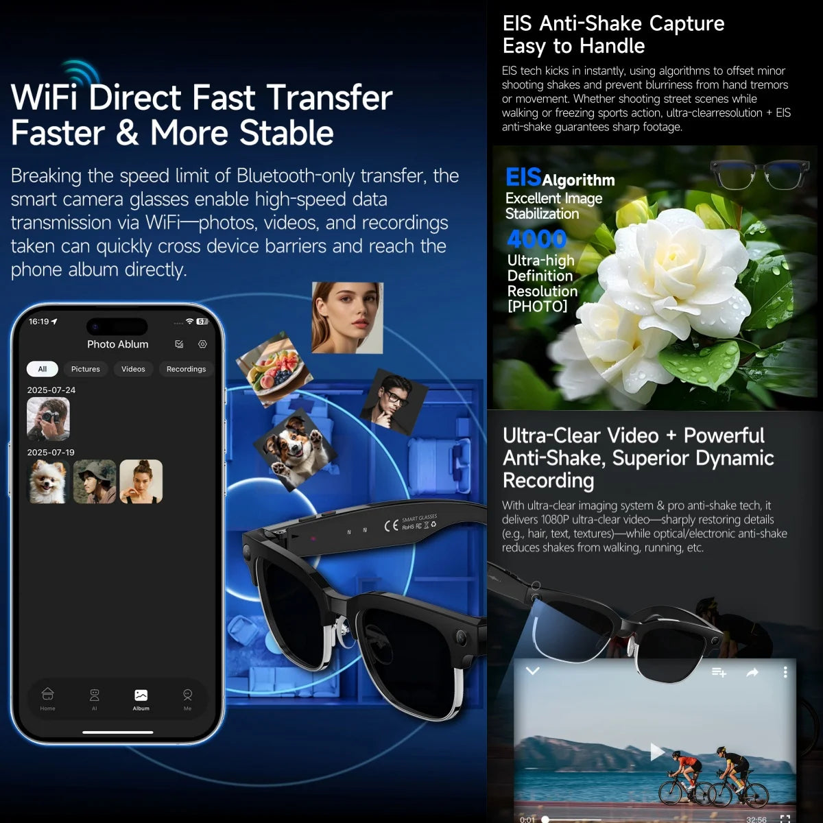Gafas inteligentes con IA, Bluetooth, 8MP, resistentes al agua (IP66), grabación de video, reconocimiento de fotos y traducción, batería de 290 mAh. Gafas para uso diario.