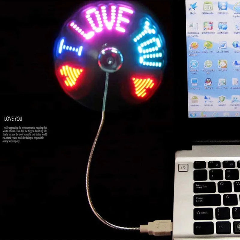 Ventilador USB creativo, ventilador USB con luz LED RGB programable, cuello de cisne flexible, mini ventilador USB para mensajes DIY para PC, portátiles, notebooks y ordenadores de sobremesa.