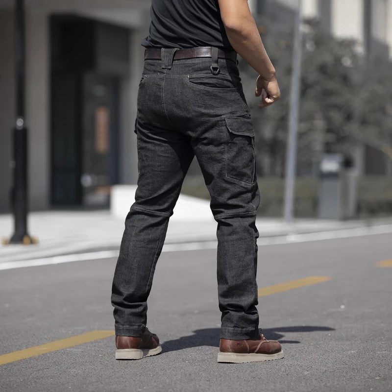 Pantalones vaqueros tácticos para hombre, estilo militar, de mezclilla, cargo, con múltiples bolsillos, elásticos, informales, para trabajo, entrenamiento y senderismo al aire libre.
