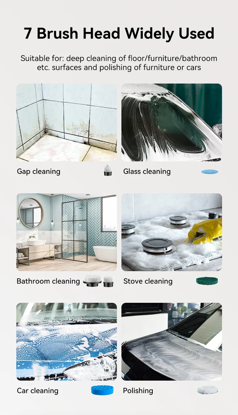 Cepillo de limpieza eléctrico inalámbrico 7 en 1 para baño, ventanas, limpiador giratorio eléctrico, cocina, inodoro, automóvil, hogar, rotación y limpieza.