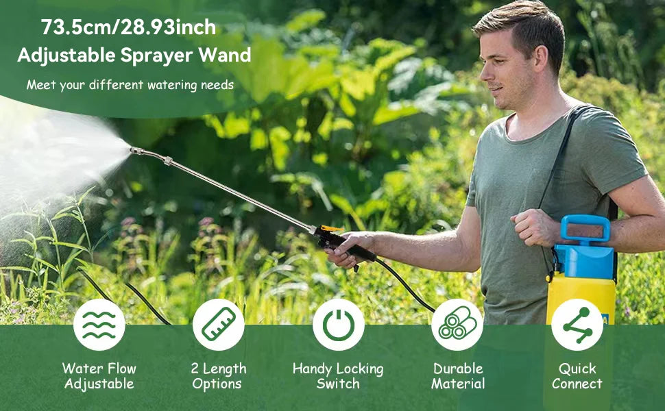 Varilla rociadora de acero inoxidable de 71 cm (28 pulgadas) con conector de latón de 9,5 mm (3/8"). Boquilla para manguera de jardín duradera, ajustable y ligera
