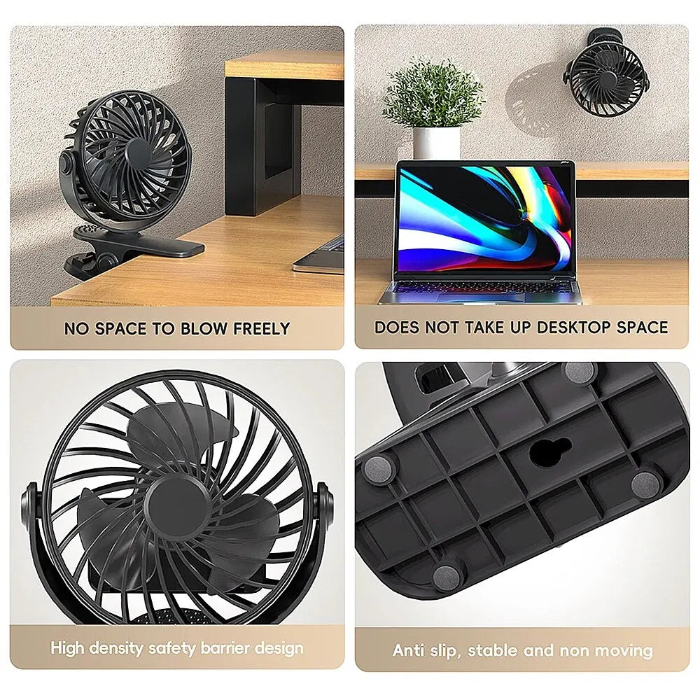 Ventilador recargable giratorio de 720° con clip para colgar y luz nocturna para facilitar su transporte. Ideal para oficina, dormitorio, residencia estudiantil y exteriores. Ventilador pequeño.