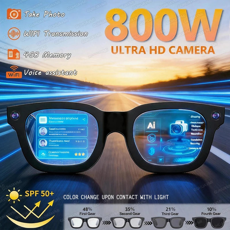Gafas inteligentes 2026 con cámara de 8 MP, grabación de video, reconocimiento fotográfico por IA, llamadas Bluetooth y traducción de voz. Gafas de sol para hombre y mujer