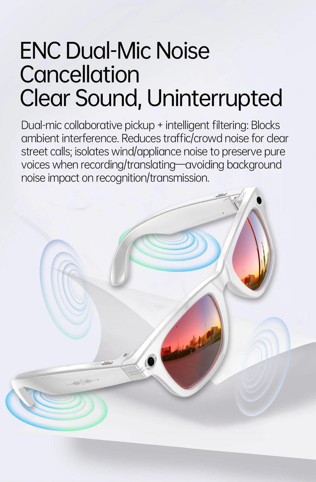 Gafas inteligentes con IA, 5 millones de píxeles, grabación de vídeo, reconocimiento fotográfico, traducción de respuestas, batería de 290 mAh, resistencia al agua IP66, Bluetooth.