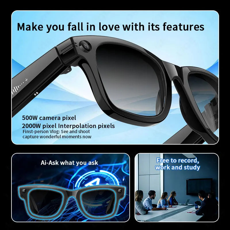 Gafas inteligentes con IA, 5 millones de píxeles, grabación de vídeo, reconocimiento fotográfico, traducción de respuestas, batería de 290 mAh, resistencia al agua IP66, Bluetooth.