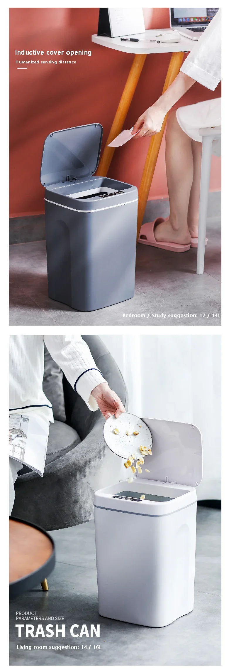 Cubo de basura inteligente de 12-16 litros con sensor automático, contenedor eléctrico impermeable para cocina y baño, para reciclaje y basura.