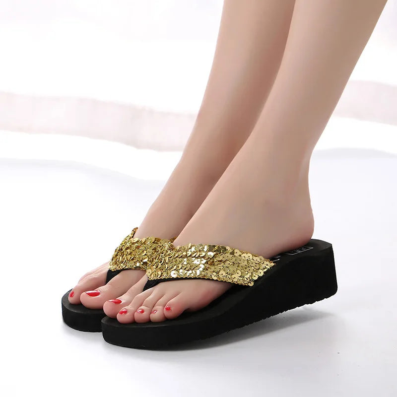 Sandalias de verano para mujer, lentejuelas, chanclas de playa para mujer, pantuflas de tacón alto para mujer, zapatos de cuña con plataforma 2024.