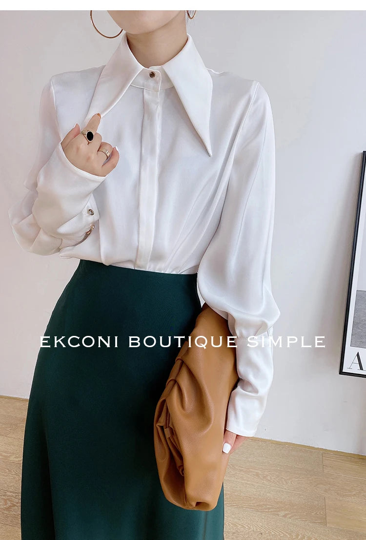 Blusa de mujer elegante de estilo vintage para otoño, ideal para la oficina, con cuello vuelto y mangas largas.