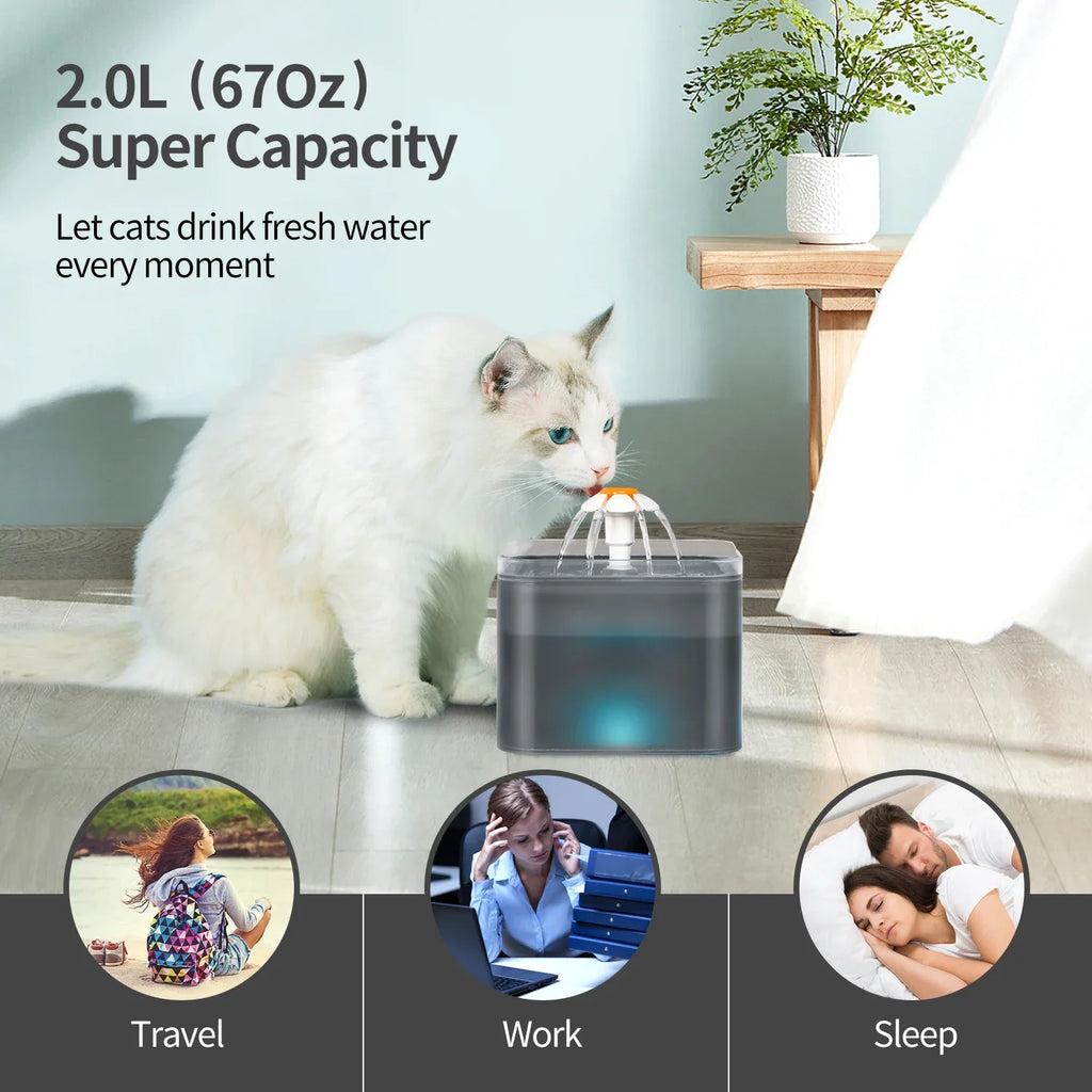 Fuente de agua ultra silenciosa para mascotas de 2 litros (67 oz) con iluminación LED y filtro automático de carbón activado. Dispensador de agua silencioso para gatos y perros pequeños