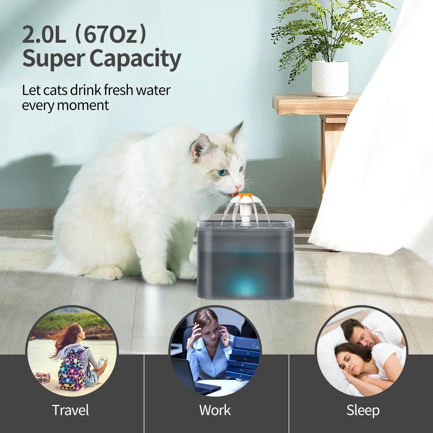 Fuente de agua ultra silenciosa para mascotas de 2 litros (67 oz) con iluminación LED y filtro automático de carbón activado. Dispensador de agua silencioso para gatos y perros pequeños