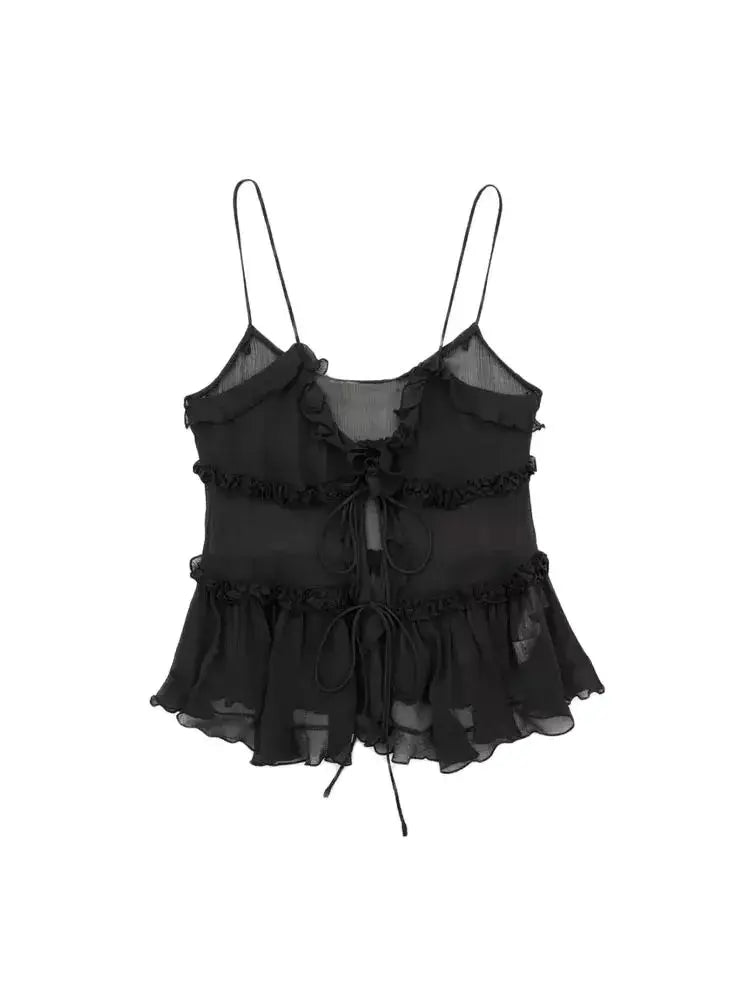 Moda femenina con tops semitransparentes con volantes en la parte delantera y tirantes finos sin espalda, sexys, para mujer
