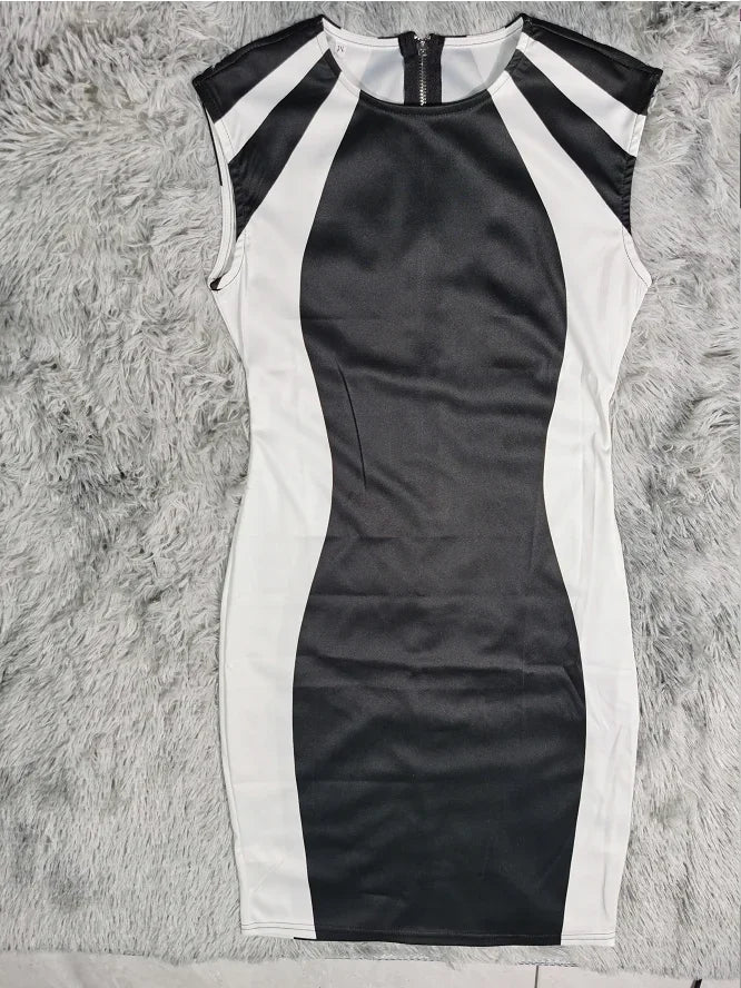 Vestidos de verano 2025 para mujer: elegantes, con bloques de color, cuello redondo, sin mangas, estilo casual y ajustado, minivestido diario para mujer.