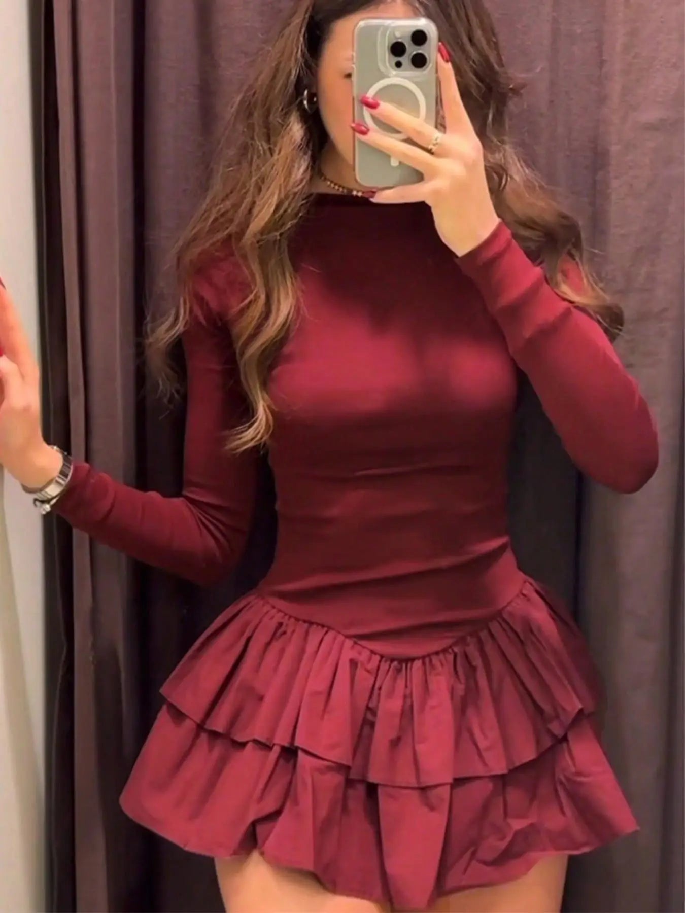 Vestido de mujer liso con volantes escalonados, corte A, elegante, cuello redondo, ajustado, minivestido, otoño, manga larga, sencillo, estilo boho.